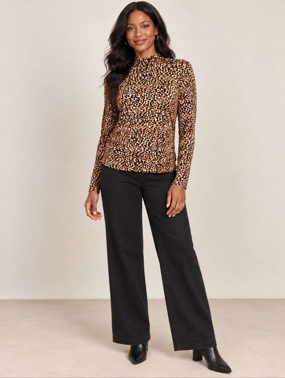 ❤ NWT! JEANNE PIERRE MOCK NECK TOP IN NATURAL LEOPARD PRINT, SMALL